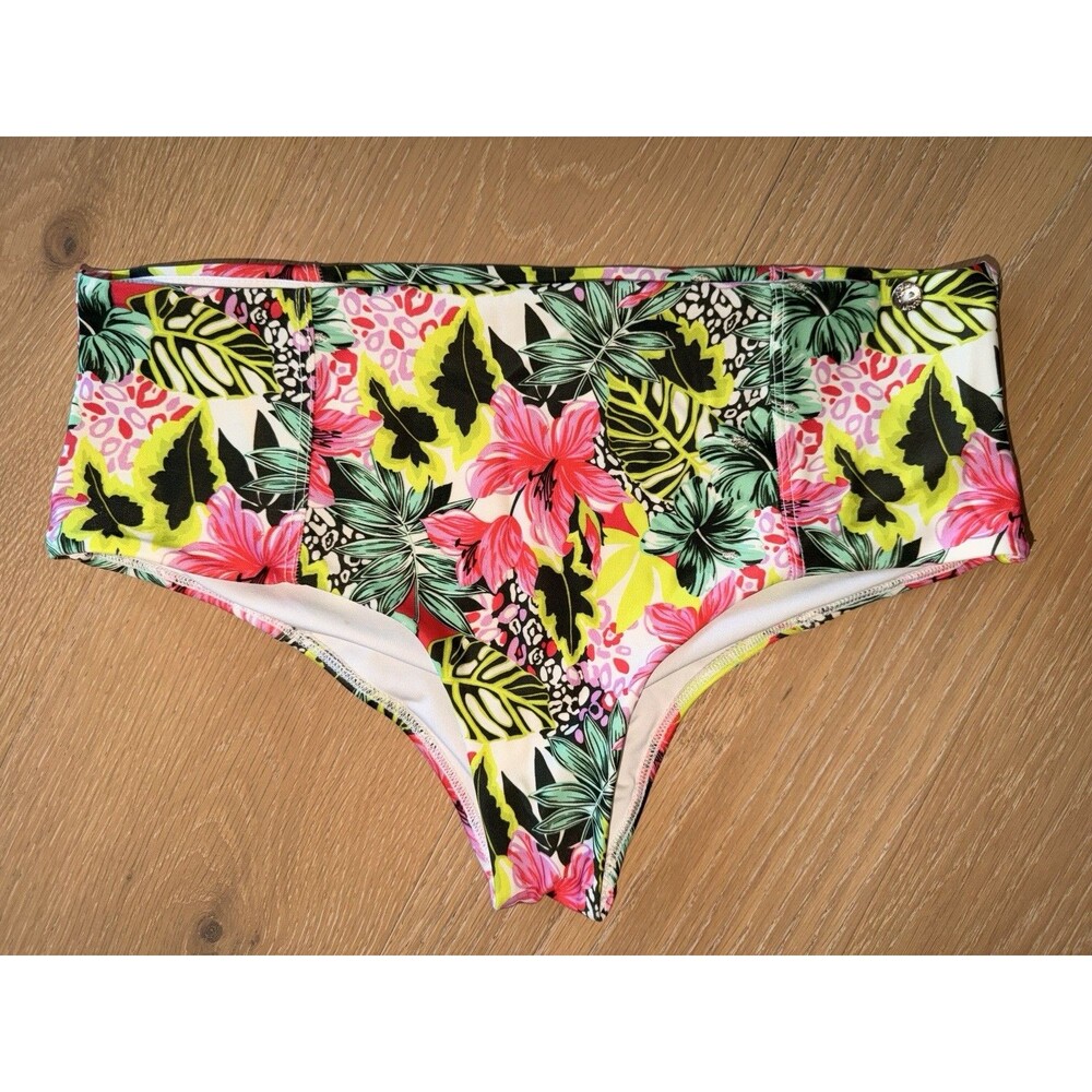 Aqua Menia Cheeky Bikini Bottom Hawaiian  Succulents Green Pink Size Large L